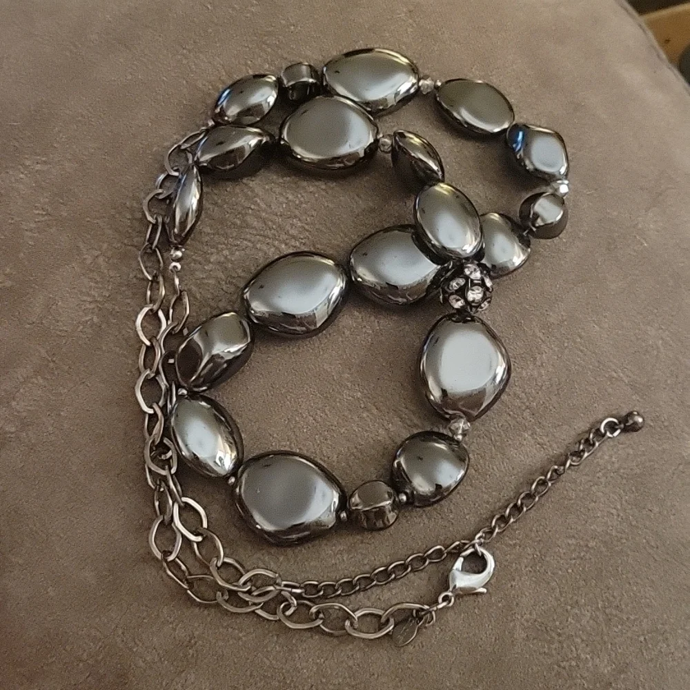 VTG CHICO'S Gunmetal Faux Hematite Beaded Chunky Chain Statement Necklace
